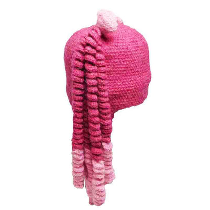 Peruvian Hand Knit Pigtail Beanie Hat Trapper Hat Peruvian Trading Co PIGTAIL Pink