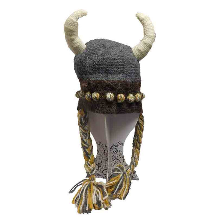 Peruvian Hand Knit Viking Hat with Horns Beanie Peruvian Trading Co VIKING Grey