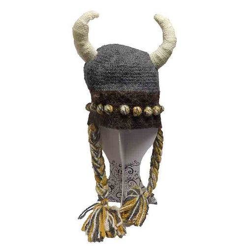 Peruvian Hand Knit Viking Hat with Horns Beanie Peruvian Trading Co VIKING Grey