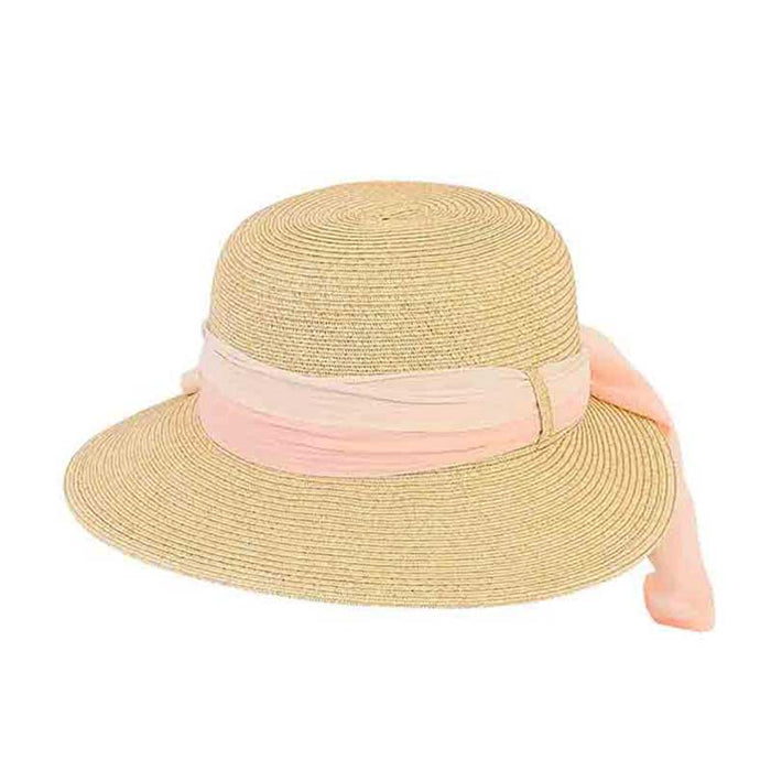 Petite Asymmetrical Brim Hat with Chiffon Scarf - Fun Day Sun Hat Wide Brim Hat Boardwalk Style Hats DA2946PK Pink Small (55 cm)