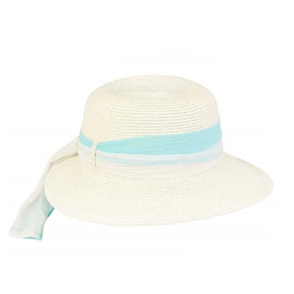 Petite Asymmetrical Brim Hat with Chiffon Scarf - Fun Day Sun Hat Wide Brim Hat Boardwalk Style Hats DA2946BL Blue Small (55 cm)