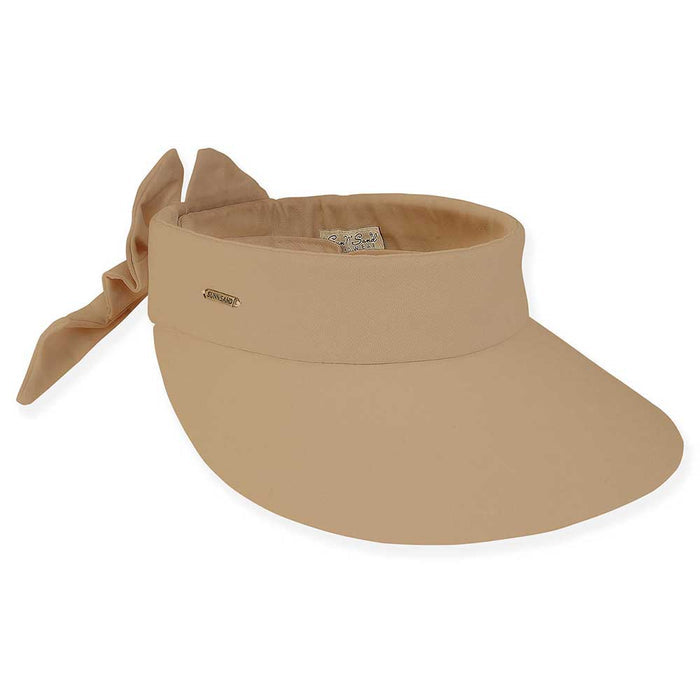 Petite Cotton Wide Brim Sun Visor with Bow - Sun 'N' Sand Hats Visor Cap Sun N Sand Hats HH2968D Tan Small(54-57 cm)