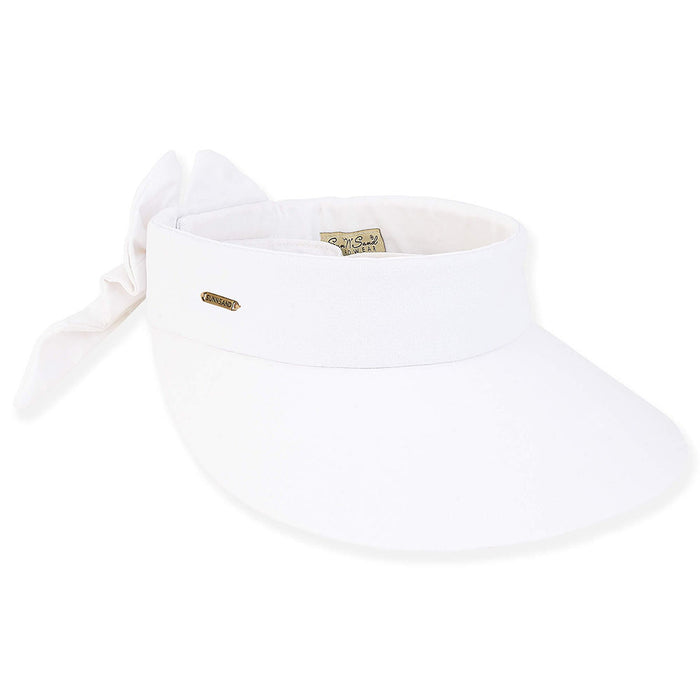 Petite Cotton Wide Brim Sun Visor with Bow - Sun 'N' Sand Hats Visor Cap Sun N Sand Hats HH2968A White Small(54-57 cm)