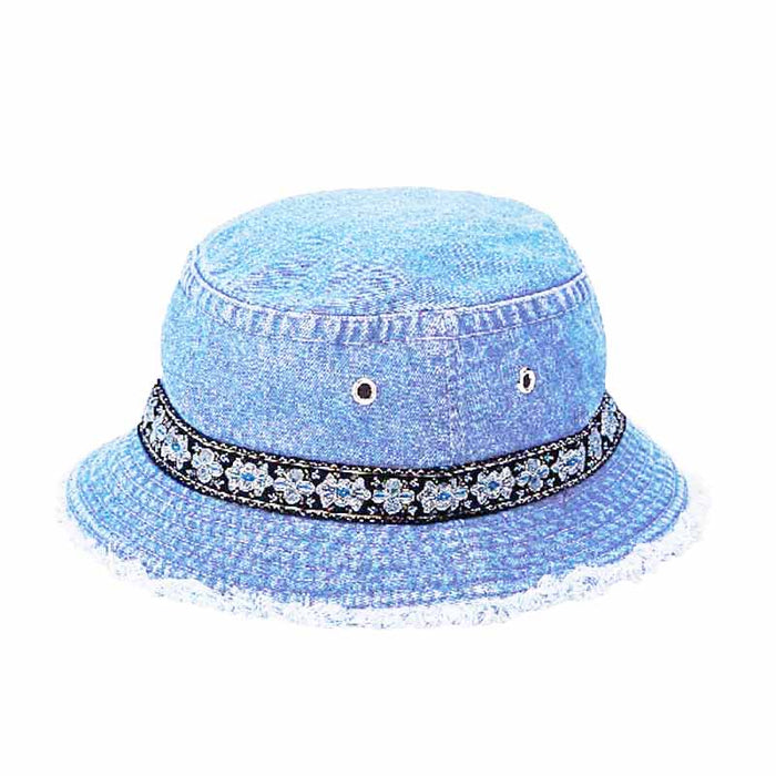 Petite Denim Bucket Hat with Metallic Band for Small Heads Bucket Hat MegaCI MC7871Y Light Denim Small (54 cm)