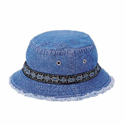 Petite Denim Bucket Hat with Metallic Band for Small Heads Bucket Hat MegaCI