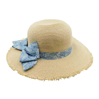 Petite Frayed Brim Sun Hat with Paisley Bow - San Diego Hat Wide Brim Sun Hat San Diego Hat Company