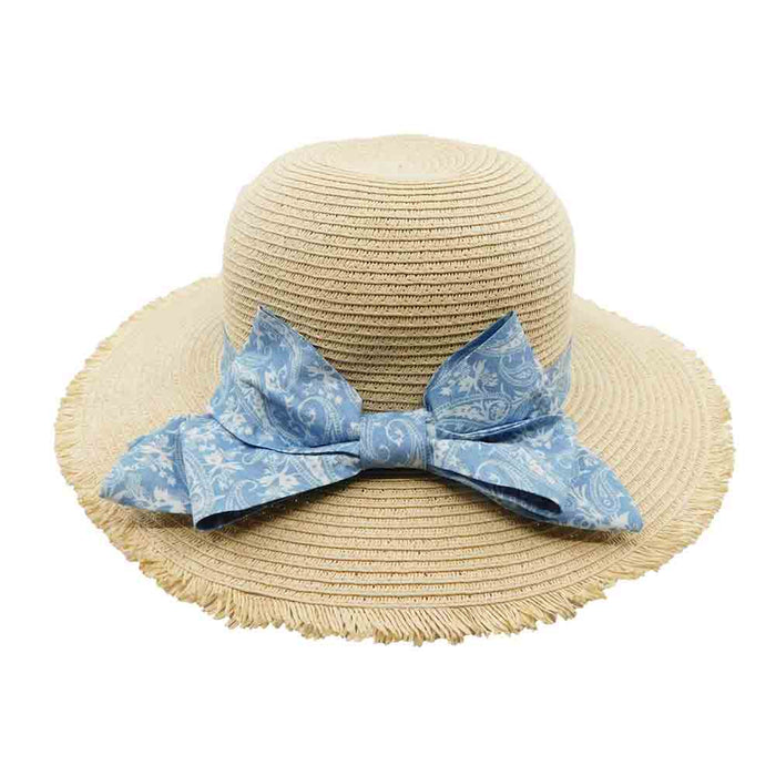 Petite Frayed Brim Sun Hat with Paisley Bow - San Diego Hat Wide Brim Sun Hat San Diego Hat Company PBK6527LGNAT Natural Extra-Small (52.5 CM)
