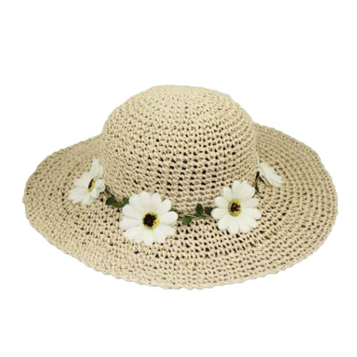 Petite Hat for Extra Small Heads - Daisy Flower Summer Hat Wide Brim Sun Hat Jeanne Simmons Accessories JS1083TN Tan Small (54 cm)