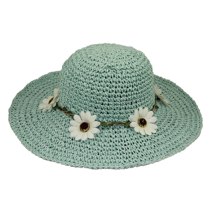 Petite Hat for Extra Small Heads - Daisy Flower Summer Hat Wide Brim Sun Hat Jeanne Simmons Accessories JS1083AQ Aqua Small (54 cm)