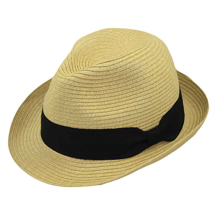 Petite Straw Fedora Hat with Black Band - Jeanne Simmons Hats Fedora Hat Jeanne Simmons Accessories JS8439TN Tan Small (56 cm)
