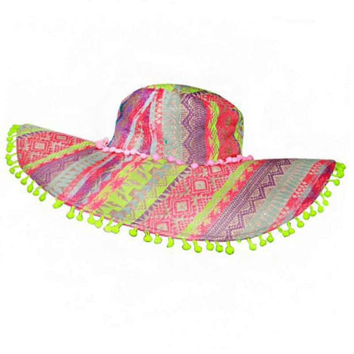 Pink and Lime Bohemian Hat with Pom Pom Accent - America and Beyond Wide Brim Hat America and Beyond ABAH-036 Hot Pink OS