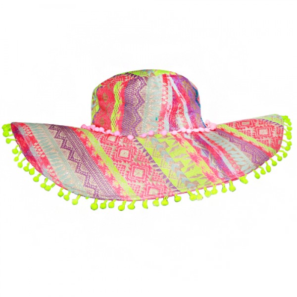 Pink and Lime Bohemian Hat with Pom Pom Accent - America and Beyond Wide Brim Hat America and Beyond