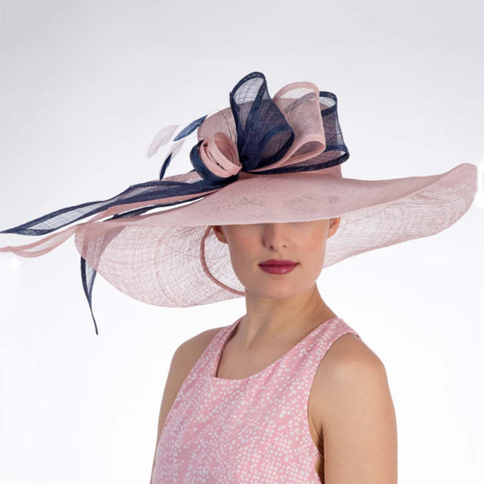 Pink and Navy Long Bow Wide Brim Derby Hat - KaKyCO Dress Hat KaKyCO