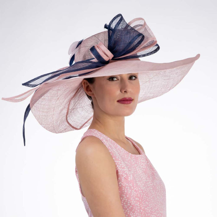 Pink and Navy Long Bow Wide Brim Derby Hat - KaKyCO Dress Hat KaKyCO 11904881011A Pink / Navy M/L (58 cm)