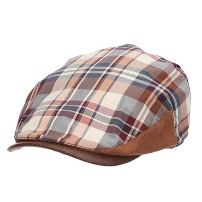 Plaid Cotton Flat Cap with Faux Leather Peak - Stacy Adams Hats Flat Cap Stacy Adams Hats SA675BNS Brown S/M