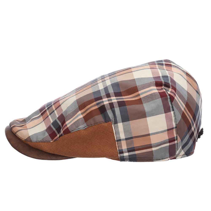Plaid Cotton Flat Cap with Faux Leather Peak - Stacy Adams Hats Flat Cap Stacy Adams Hats SA675BNL Brown L/XL