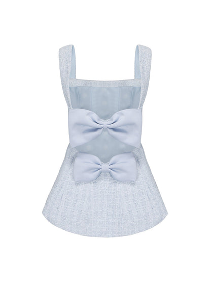 Annabella Textured Woven Blue Bow Top (Final Sale)