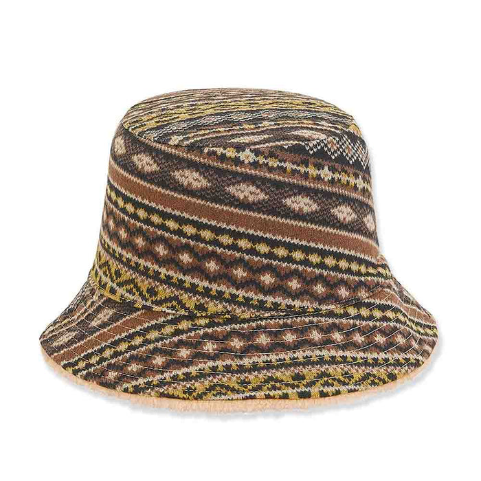 Reversible Faux Fur Bucket Hat with Jacquard Jersey Lining - Adora® Hats Bucket Hat Adora Hats