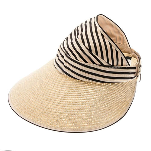 Ribbon and Straw Wide Brim Ponytail Sun Hat - Boardwalk Hats Visor Cap Boardwalk Style Hats DA1930-IVBK Ivory / Black OS