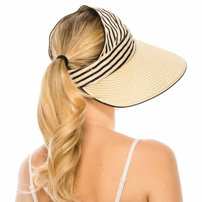 Ribbon and Straw Wide Brim Ponytail Sun Hat - Boardwalk Hats Visor Cap Boardwalk Style Hats