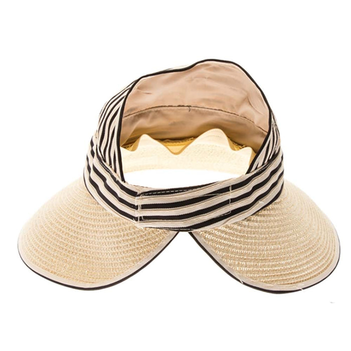 Ribbon and Straw Wide Brim Ponytail Sun Hat - Boardwalk Hats Visor Cap Boardwalk Style Hats