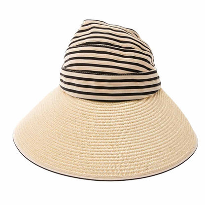 Ribbon and Straw Wide Brim Ponytail Sun Hat - Boardwalk Hats Visor Cap Boardwalk Style Hats
