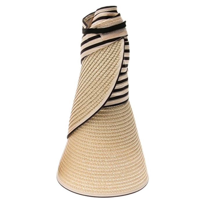 Ribbon and Straw Wide Brim Ponytail Sun Hat - Boardwalk Hats Visor Cap Boardwalk Style Hats