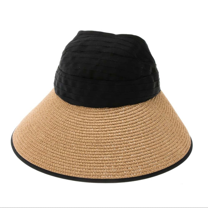 Ribbon and Straw Wide Brim Ponytail Sun Hat - Boardwalk Hats Visor Cap Boardwalk Style Hats DA1930-BLK Black OS