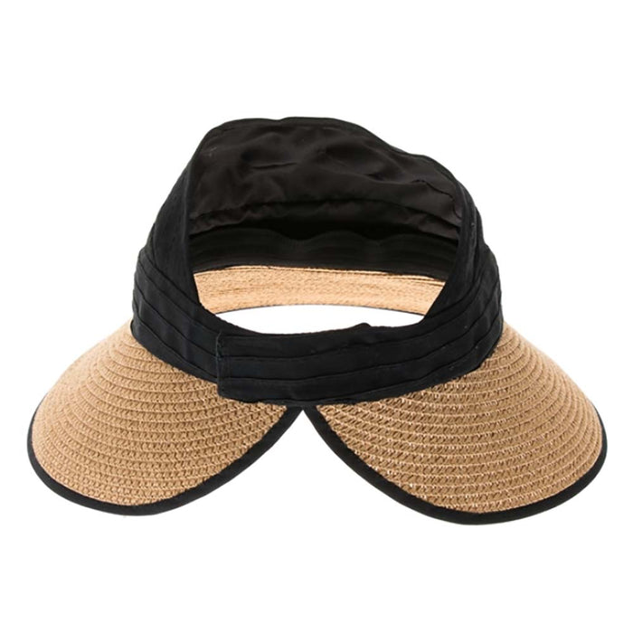 Ribbon and Straw Wide Brim Ponytail Sun Hat - Boardwalk Hats Visor Cap Boardwalk Style Hats