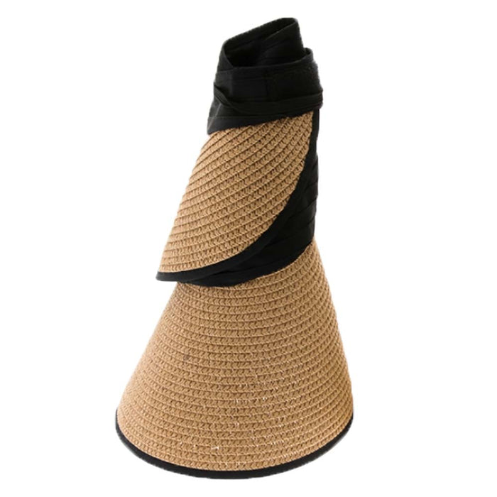 Ribbon and Straw Wide Brim Ponytail Sun Hat - Boardwalk Hats Visor Cap Boardwalk Style Hats