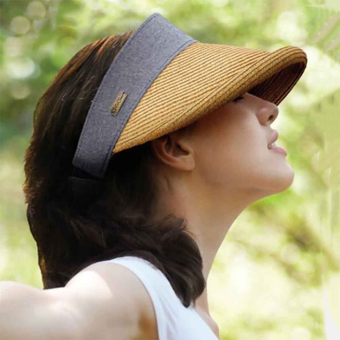 Rolled Brim Straw Visor Hat with Denim Band - Sun 'N' Sand Hats Visor Cap Sun N Sand Hats