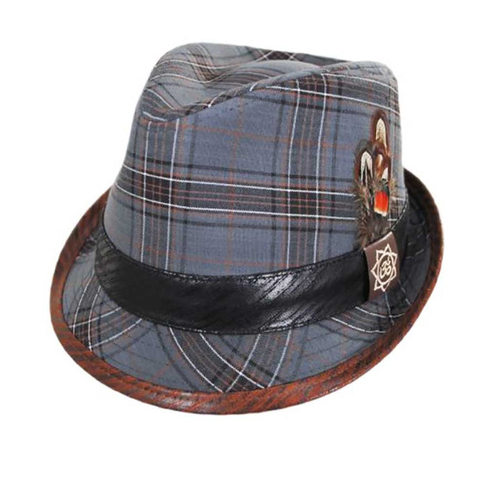 Romeo Plaid Cotton Fedora with Faux Leather Trim - Carlos Santana Hats Fedora Hat Santana Hats SAN388 Grey Large (59 cm)