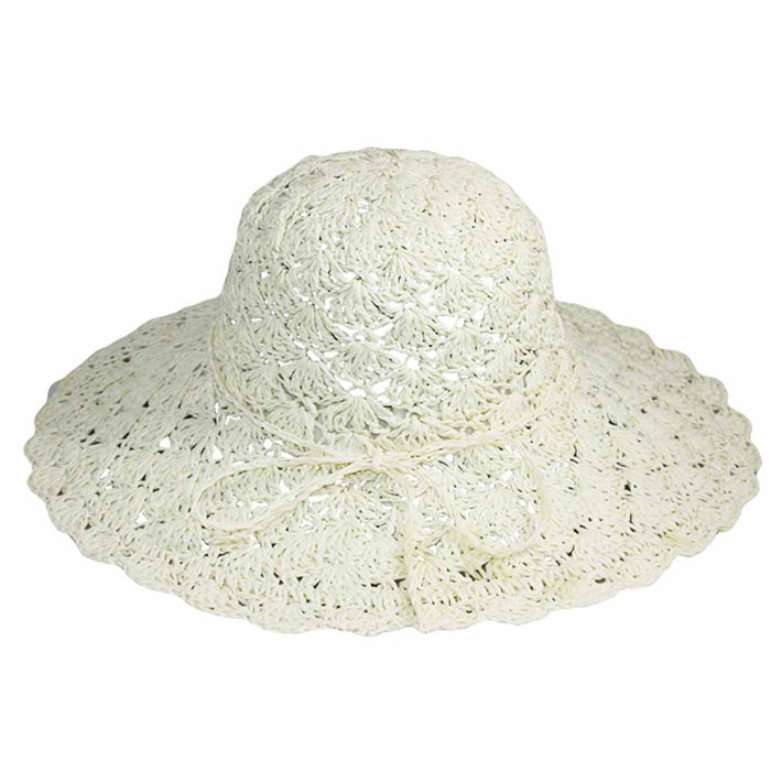 Scalloped Crochet Toyo Summer Hat for Women - Jeanne Simmons Wide Brim Sun Hat Jeanne Simmons Accessories JS1263IV Ivory OS (57 cm)