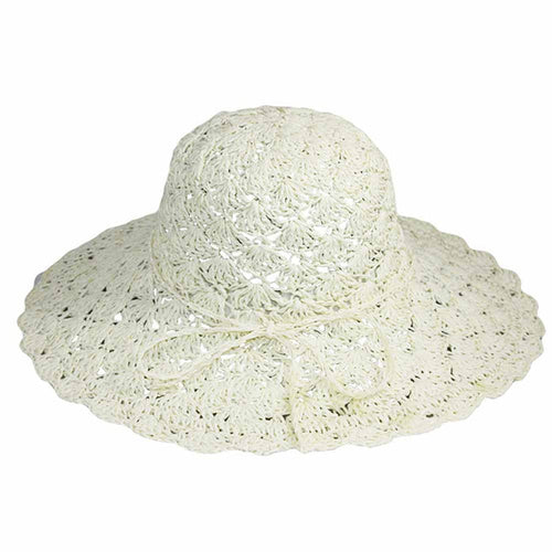 Scalloped Crochet Toyo Summer Hat for Women - Jeanne Simmons Wide Brim Sun Hat Jeanne Simmons Accessories JS1263IV Ivory OS (57 cm)