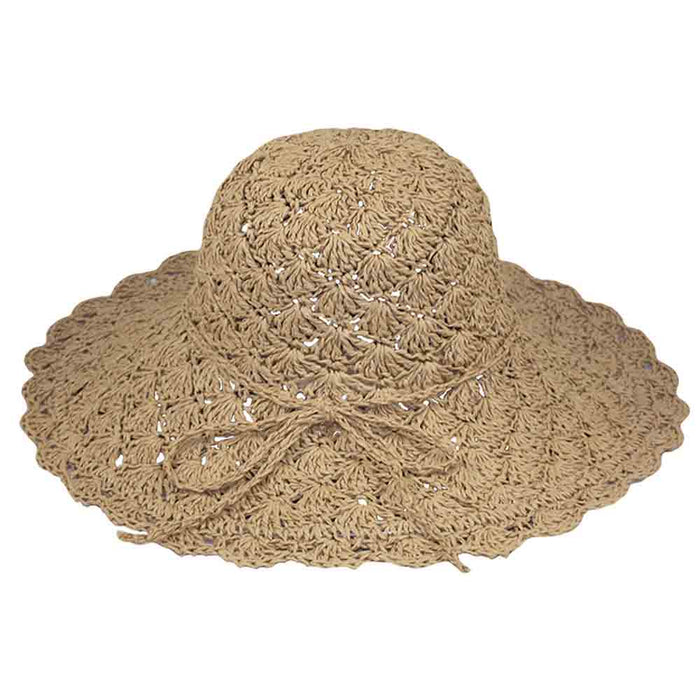 Scalloped Crochet Toyo Summer Hat for Women - Jeanne Simmons Wide Brim Sun Hat Jeanne Simmons Accessories JS1262TN Tan OS (57 cm)