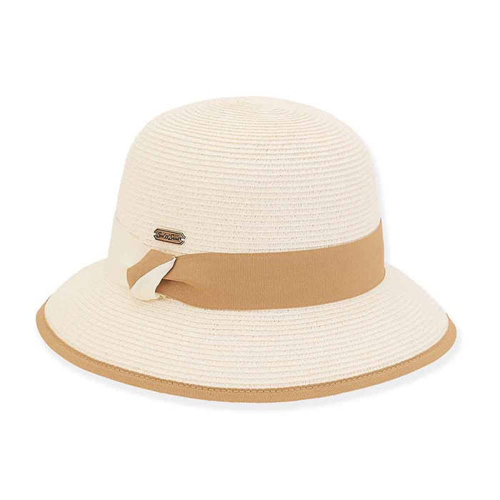 Small Brim Sun Hat Double Ribbon Band - Sun 'N' Sand Hat Cloche Sun N Sand Hats HH2689A Ivory OS (58 cm)