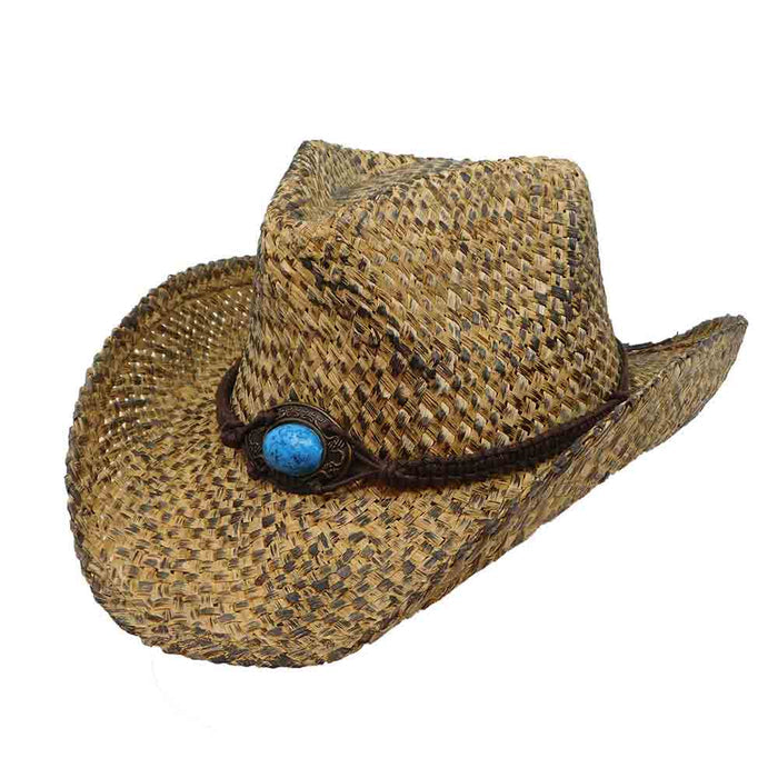 Small Size Straw Cowboy Hat with Turquoise Concho - Milani Hats Cowboy Hat Milani Hats KST001 Tan / Black Small (55 cm)