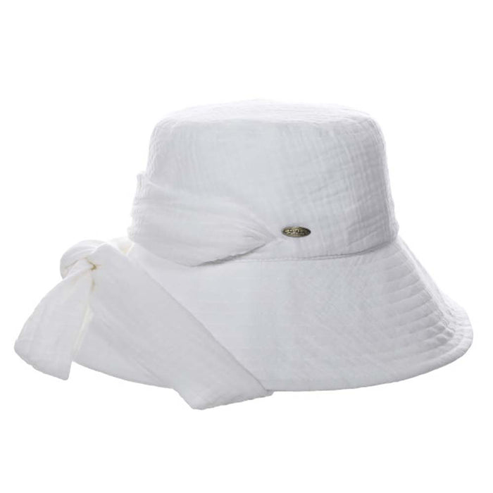 Soft Cotton Bucket Hat with Apron Tie - Scala  Women's Hats Wide Brim Hat Scala Hats LC839-WHT White OS