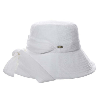 Soft Cotton Bucket Hat with Apron Tie - Scala  Women's Hats Wide Brim Hat Scala Hats LC839-WHT White OS