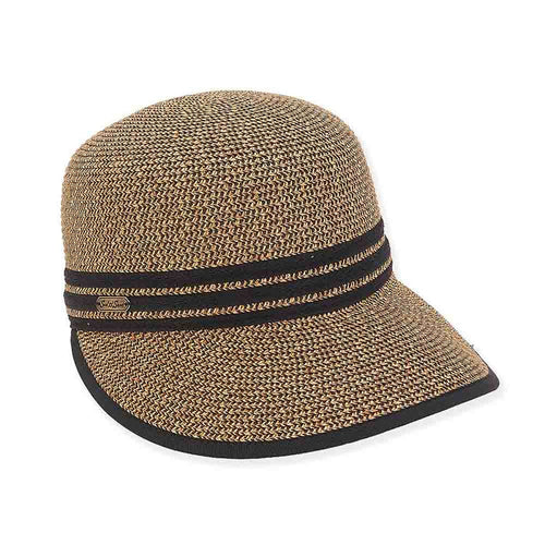 Straw Brim Cap with Ribbon Bound Bill - Sun 'N' Sand Hats Facesaver Hat Sun N Sand Hats HH2705B Black Tweed OS (57 cm)