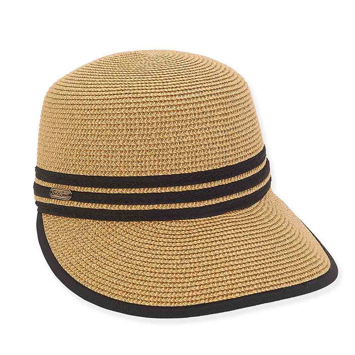 Straw Brim Cap with Ribbon Bound Bill - Sun 'N' Sand Hats Facesaver Hat Sun N Sand Hats HH2705A Tan Tweed OS (57 cm)