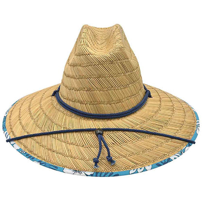 Straw Lifeguard Hat with Blue Hibiscus Print Underbrim - Kenny K. Hats Lifeguard Hat Great hats by Karen Keith LM9-Cs Natural Small (55 cm)