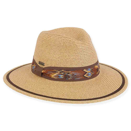 Straw Safari Hat with Brown Band - Sun 'N' Sand Women's Hats Safari Hat Sun N Sand Hats HH2928 Tan OS (57 cm)
