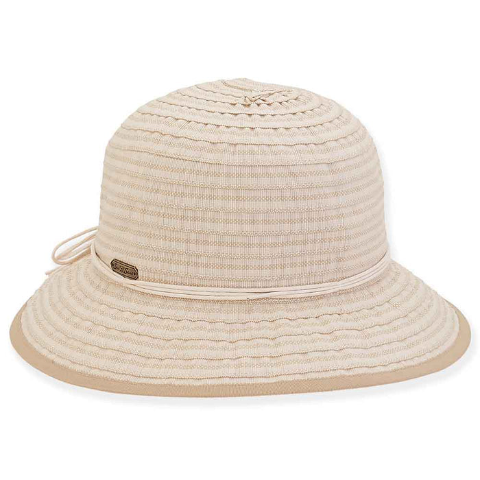 Two Tone Fabric Ribbon Split Brim Summer Hat - Sun 'N' Sand Hats Cloche Sun N Sand Hats HH2751A Tan Medium (57 cm)
