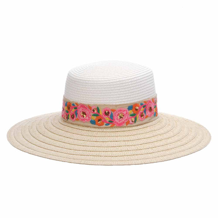 Two Tone Sun Hat with Floral Band - Cappelli Straworld Hats Wide Brim Sun Hat Cappelli Straworld LP330-ASST White OS (57 cm)