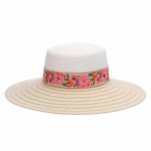 Two Tone Sun Hat with Floral Band - Cappelli Straworld Hats Wide Brim Sun Hat Cappelli Straworld LP330-ASST White OS (57 cm)