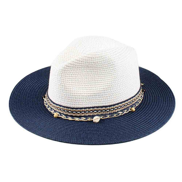 Two Tone Wide Brim Fedora with Decorative Band - Jeanne Simmons Hats Safari Hat Jeanne Simmons Accessories JS8166-NV Navy Medium (57 cm)