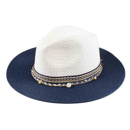 Two Tone Wide Brim Fedora with Decorative Band - Jeanne Simmons Hats Safari Hat Jeanne Simmons Accessories JS8166-NV Navy Medium (57 cm)