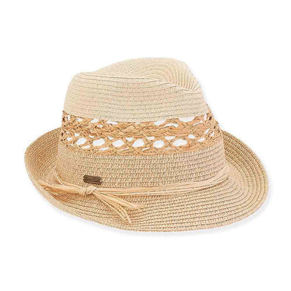 Vented Crown Straw Fedora with Raffia Tie - Sun 'N' Sand Hats Fedora Hat Sun N Sand Hats HH2706A Natural Medium (57 cm)
