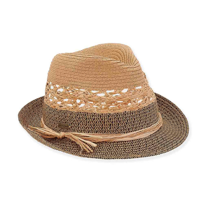 Vented Crown Straw Fedora with Raffia Tie - Sun 'N' Sand Hats Fedora Hat Sun N Sand Hats HH2706B Tan Medium (57 cm)